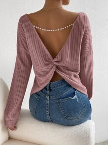SHEIN Frenchy Twist Back Pearls Chain Drop Shoulder Tee Winter Pink Casual - Dusty Pink - View 1