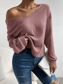SHEIN Frenchy Twist Back Pearls Chain Drop Shoulder Tee Winter Pink Casual - Dusty Pink - View 2