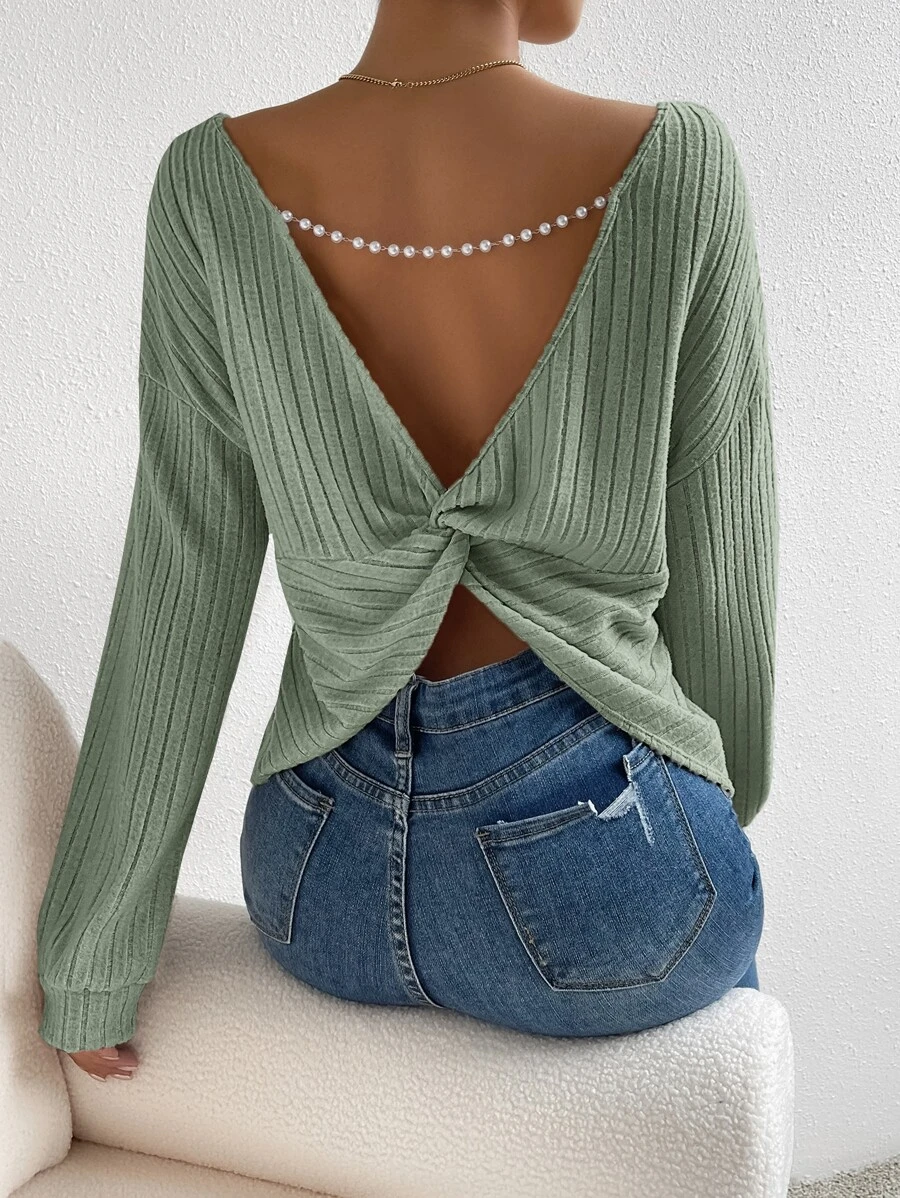 SHEIN Frenchy Pearls Chain Twist Back Drop Shoulder Tee - Green - View 1