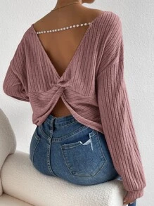 SHEIN Frenchy Twist Back Pearls Chain Drop Shoulder Tee Winter Pink Casual - Dusty Pink - View 5