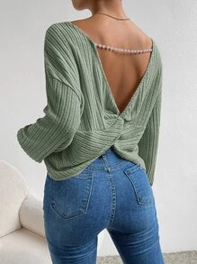 SHEIN Frenchy Pearls Chain Twist Back Drop Shoulder Tee - Green - View 3