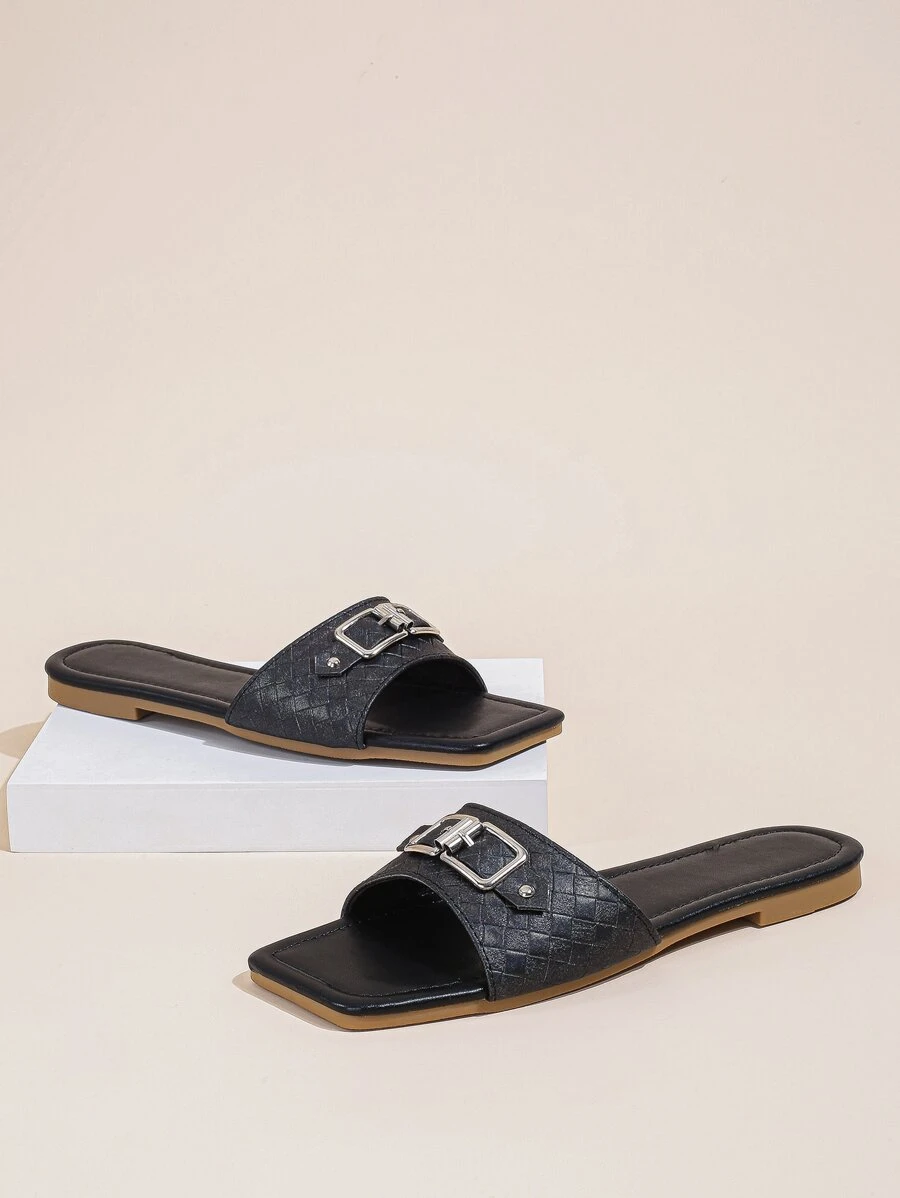 Metal Decor Textured Slide Sandals - Black - View 1