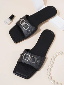 Metal Decor Textured Slide Sandals - Black - View 2