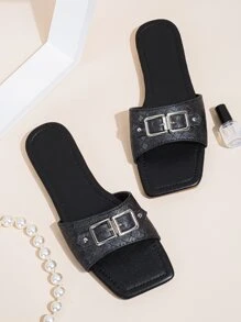 Metal Decor Textured Slide Sandals - Black - View 4
