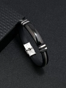 1 件新款时尚欧美风格男士硅胶手链，钛钢素面雕刻手链，适合日常佩戴，也适合送给朋友/家人 - 黑色 - 查看 1