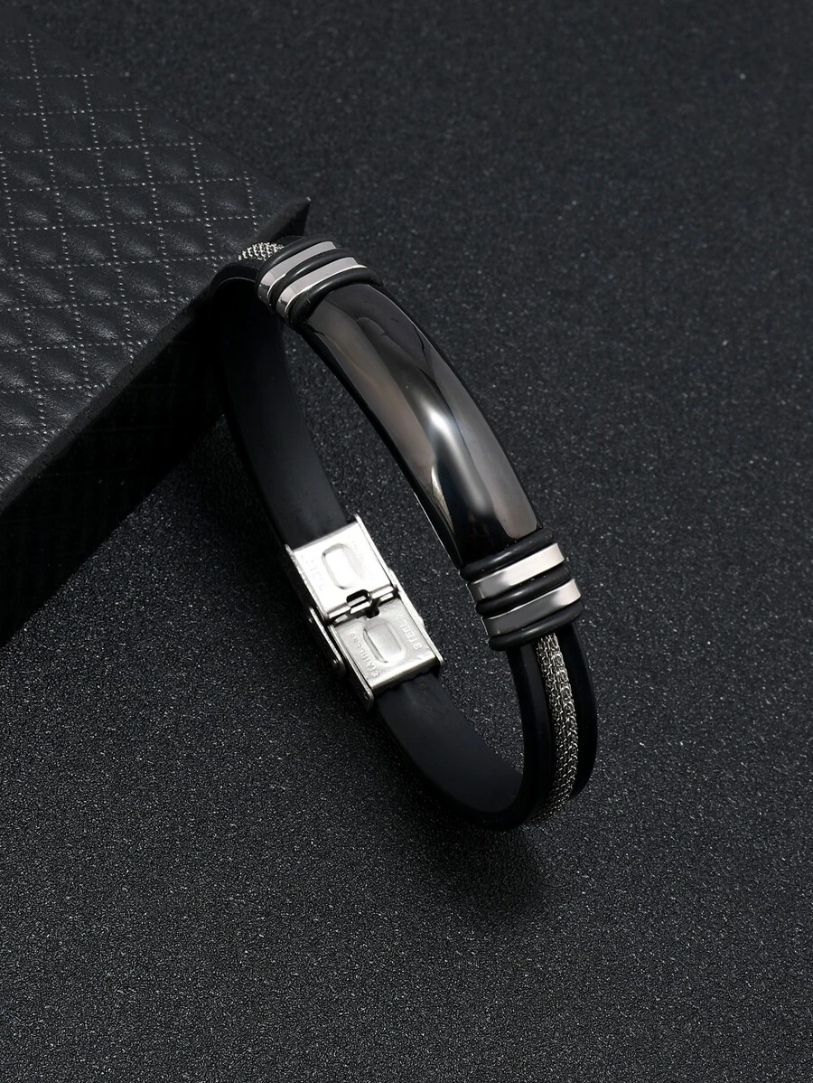 1 件新款时尚欧美风格男士硅胶手链，钛钢素面雕刻手链，适合日常佩戴，也适合送给朋友/家人 - 黑色 - 查看 1