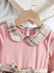 SHEIN 小女童格紋印花娃娃領繫腰帶洋裝