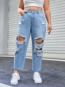 SHEIN EZwear Jeans de talle alto desgarro con abertura - Lavado ligero - Ver 1