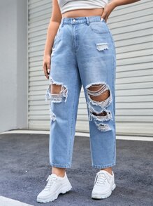 SHEIN EZwear Jeans de talle alto desgarro con abertura - Lavado ligero - Ver 4