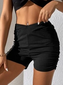 SHEIN Essnce Shorts biker de cintura doblada fruncido - Negro - Ver 5