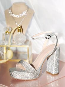 SHUZIA Women Rhinestone Chunky Heeled Ankle Strap Sandals, Glamorous Banquet Heeled Sandals Summer Shoes Spring Shoes Spring Break Easter Prom Heels Wedding Shoes For Christmas - Silver - View 1