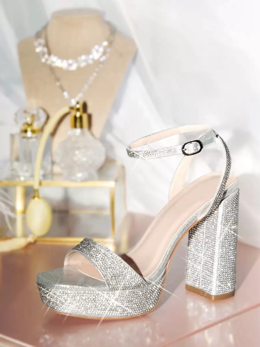 SHUZIA Women Rhinestone Chunky Heeled Ankle Strap Sandals, Glamorous Banquet Heeled Sandals Summer Shoes Spring Shoes Spring Break Easter Prom Heels Wedding Shoes For Christmas - Silver - View 1
