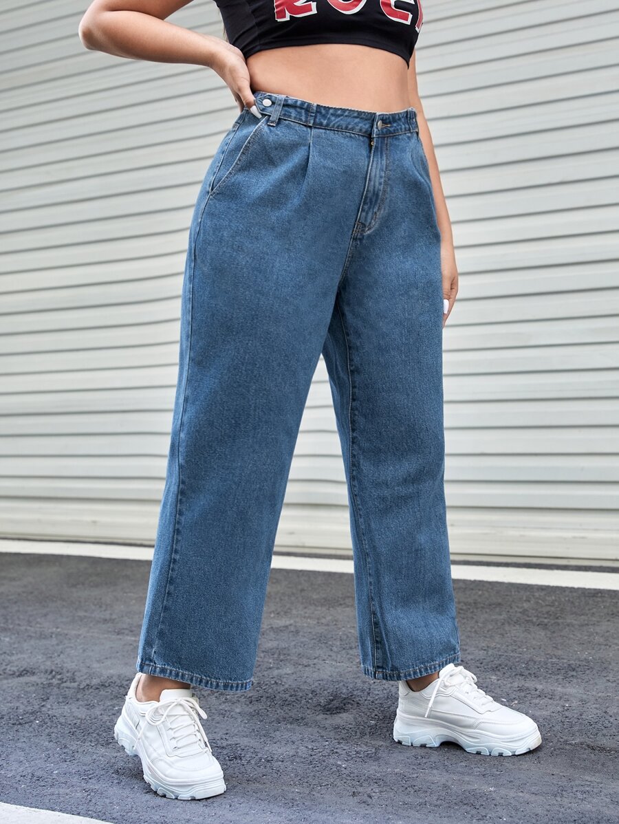 SHEIN EZwear 大碼高腰直筒牛仔褲 - 中等水洗藍 - 查看 1