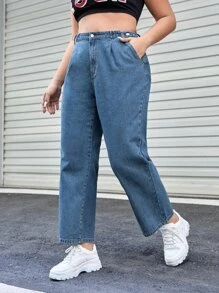 SHEIN EZwear 大碼高腰直筒牛仔褲 - 中等水洗藍 - 查看 3