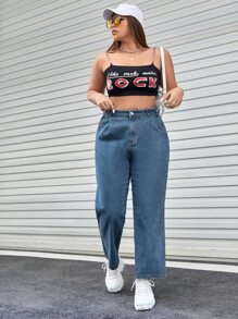 SHEIN EZwear 大碼高腰直筒牛仔褲 - 中等水洗藍 - 查看 4