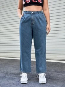SHEIN EZwear 大碼高腰直筒牛仔褲 - 中等水洗藍 - 查看 5