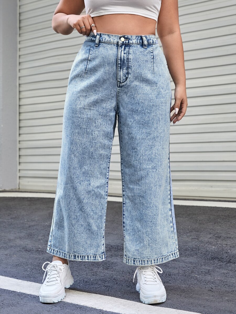 SHEIN EZwear Plus High Waist Wide Leg Jeans - Light Wash - View 1