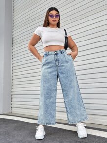 SHEIN EZwear Plus High Waist Wide Leg Jeans - Light Wash - View 4