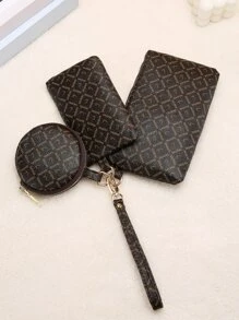 3入組字母圖案錢包，輕便拉鍊吊飾式現金、身分證、信用卡、便攜式袋、小錢包、短款錢包，時尚現代商務出差生日禮物，情人節周年紀念日禮物，女性淑女少女男性 - 咖啡棕 - 查看 1