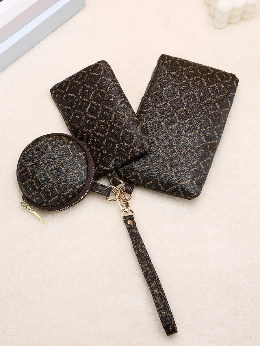 3入組字母圖案錢包，輕便拉鍊吊飾式現金、身分證、信用卡、便攜式袋、小錢包、短款錢包，時尚現代商務出差生日禮物，情人節周年紀念日禮物，女性淑女少女男性 - 咖啡棕 - 查看 1