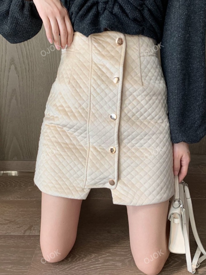Button Front Flannel Quilted Skirt SHEIN