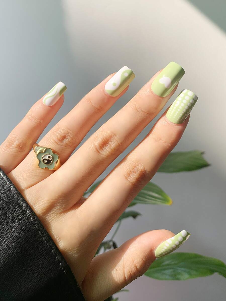 Bộ 24 móng tay giả vuông dài & 1 dũa móng tay & 1 băng dính dán móng tay - Nhiều màu - Xem 1