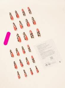 Elevate Your Style with 24pcs Long Coffin Leopard Color Block Fake Nail & 1pc Nail File & 1sheet Tape - Multicolor - View 2