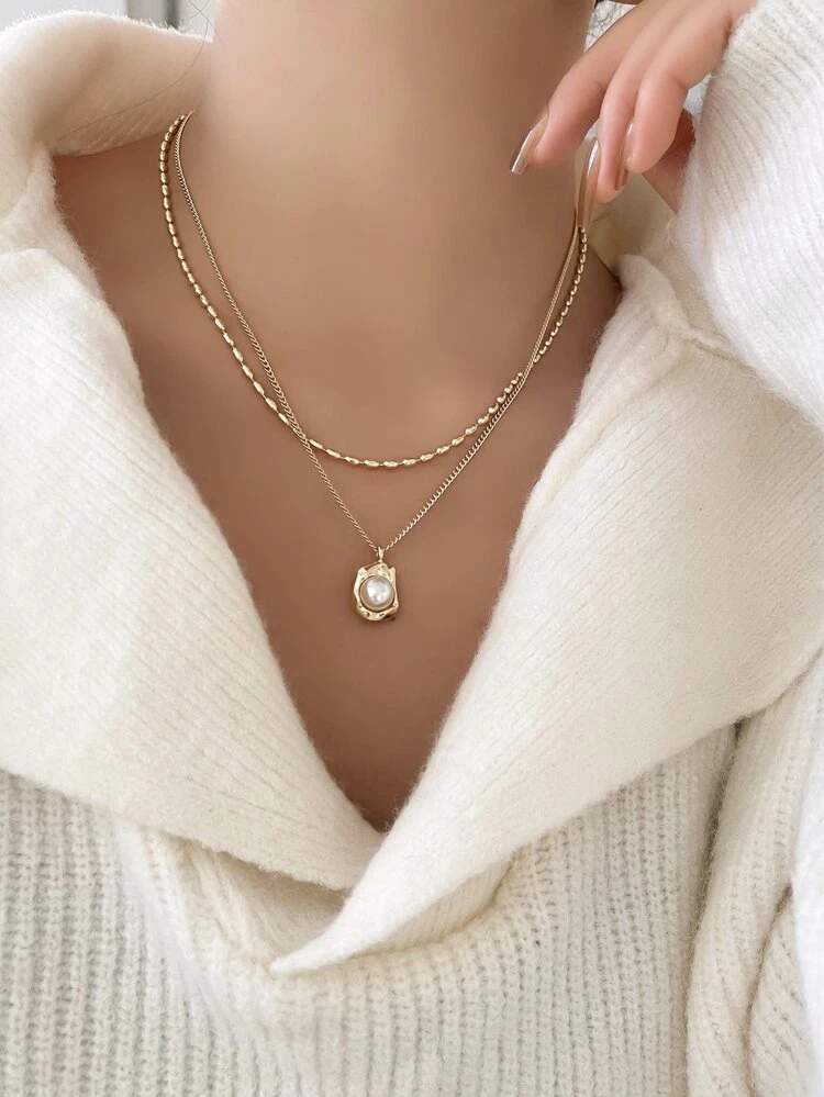Faux Pearl Charm Layered Necklace