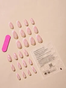 24片短款棺材形几何印花假指甲、1把指甲锉和1张指甲胶带 - 彩色 - 查看 2