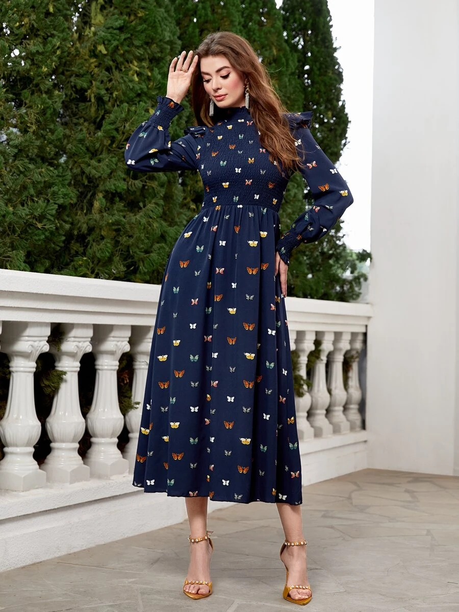 Modelyn Butterfly Print Mock Neck Ruffle Trim Dress