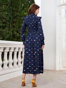 Modelyn Butterfly Print Mock Neck Ruffle Trim Dress