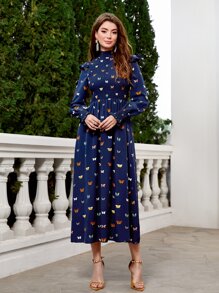 Modelyn Butterfly Print Mock Neck Ruffle Trim Dress