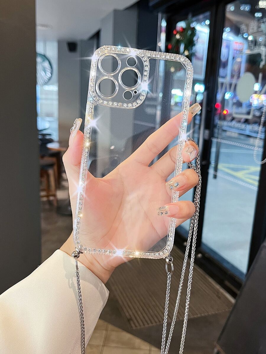 Rhinestone Decor Clear Phone Case With Strap - Clear - View 1