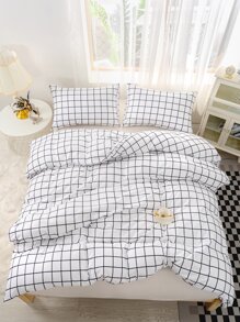 Grid Print Duvet Cover Set Without Filler - Black and White - View 1