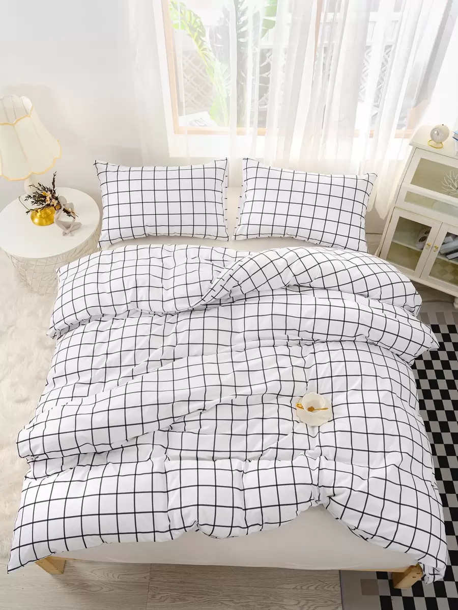 Grid Print Duvet Cover Set Without Filler - Black and White - View 1