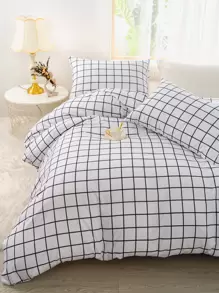 Grid Print Duvet Cover Set Without Filler - Black and White - View 5