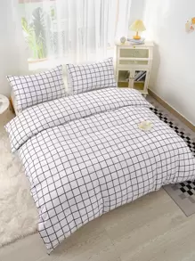 Grid Print Duvet Cover Set Without Filler - Black and White - View 6