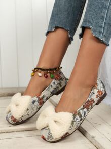 Bailarinas con patrón floral con diseño de lazo de punta cuadrada de serraje falso - Multicolor - Ver 3