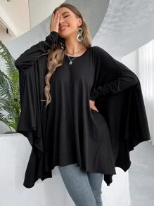 Camiseta unicolor de manga murciélago - Negro - Ver 1