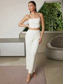 BizChic 鏈條細節短款上衣和闊腿褲工作服 - 米色 - 查看 2