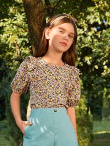 SHEIN Girls Ditsy Floral Print Ruffle Trim Puff Sleeve Blouse With Headband - Multicolor - View 4
