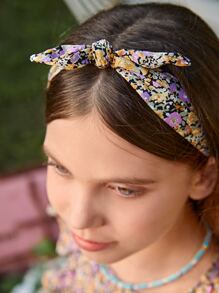 SHEIN Girls Ditsy Floral Print Ruffle Trim Puff Sleeve Blouse With Headband - Multicolor - View 5