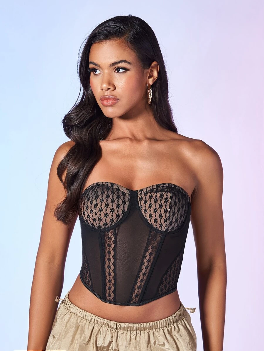 SHEIN BAE Top bandeau con encaje bustier - Negro - Ver 1