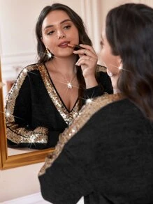 SHEIN Frenchy Plus Contrast Sequin Drop Shoulder Tee - Black - View 2