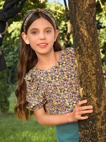 SHEIN Girls Ditsy Floral Print Ruffle Trim Puff Sleeve Blouse With Headband - Multicolor - View 6