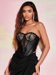 SHEIN BAE 拼接蕾絲不對稱下擺抹胸上衣 - 黑色 - 查看 3