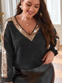 SHEIN Frenchy Plus Contrast Sequin Drop Shoulder Tee - Black - View 5