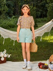 SHEIN Girls Ditsy Floral Print Ruffle Trim Puff Sleeve Blouse With Headband - Multicolor - View 7