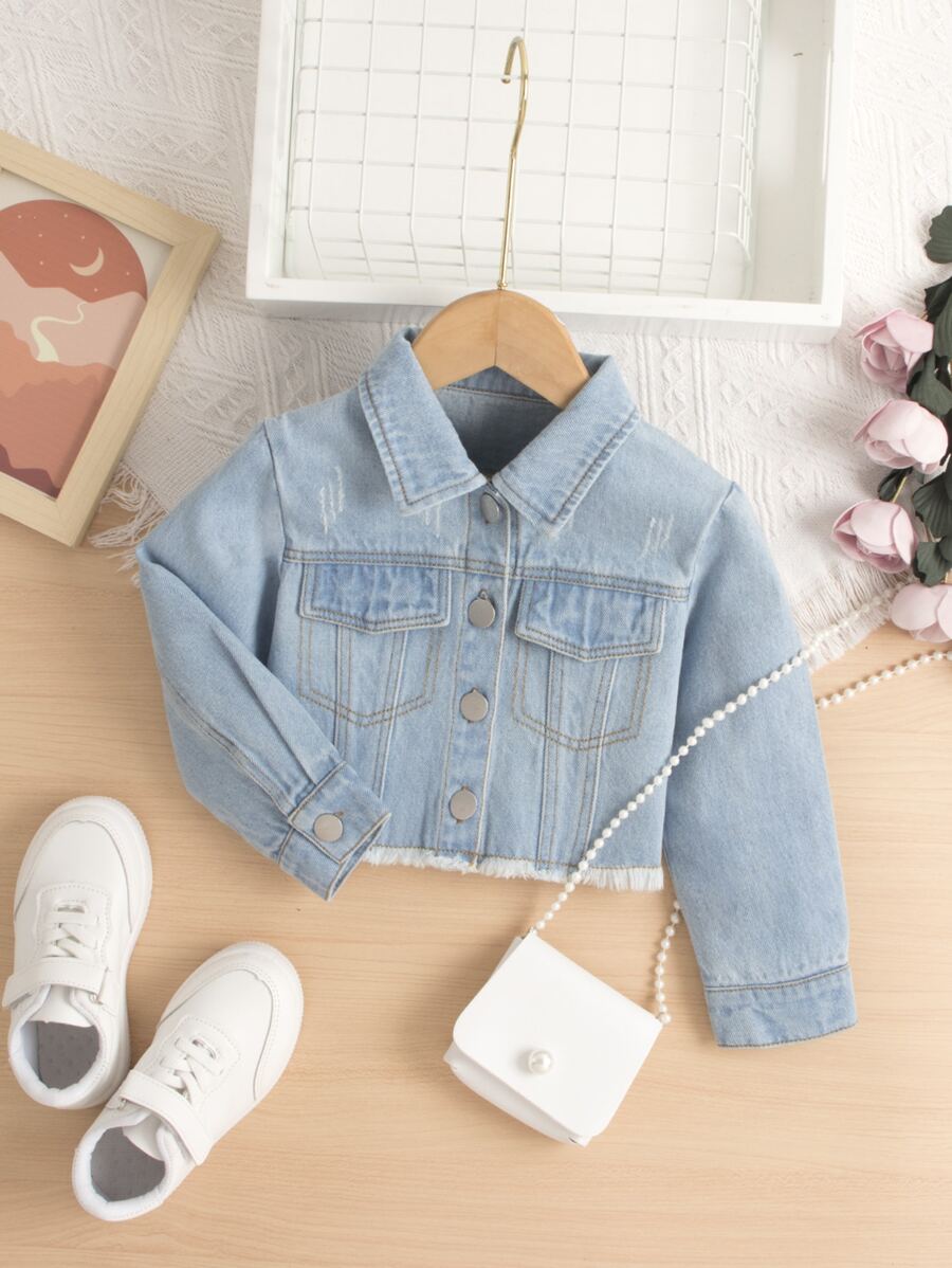 小女童翻蓋細節毛邊短款牛仔夾克 - 淺色水洗藍 - 查看 1