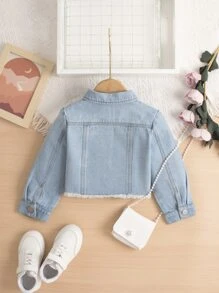 小女童翻蓋細節毛邊短款牛仔夾克 - 淺色水洗藍 - 查看 2
